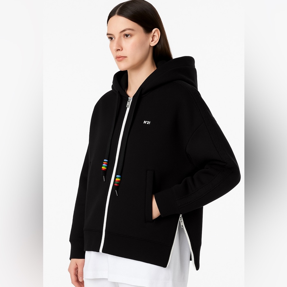 NUMERO VENTUNO N21 Oversized Zip Up Hoodie Sweatshirt Jacket Drawstring Black S